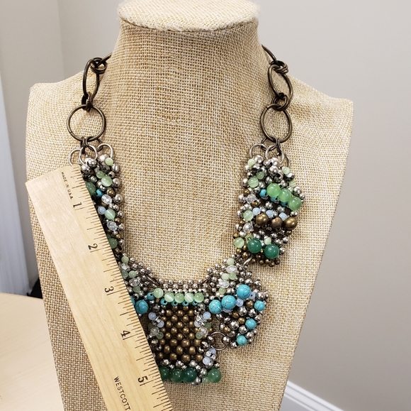 Pam Miran  green turquoise glass cats eye opalite beaded bib statemen necklace - Picture 13 of 14